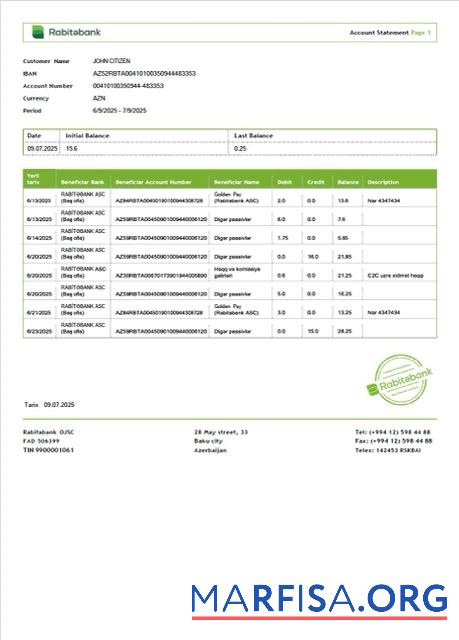Downloadable Azerbaijan Rabitəbank account statement word example
